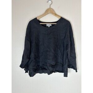 Two Wishes M Shirt linen boxy Top Blouse women’s lagenlook Black Ruffle Artsy